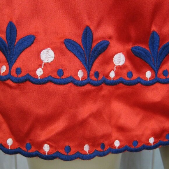 Medium Off Shoulder Dress Red Satin Blue & White Embroidery Mini Shift Dress NEW - Picture 5 of 8